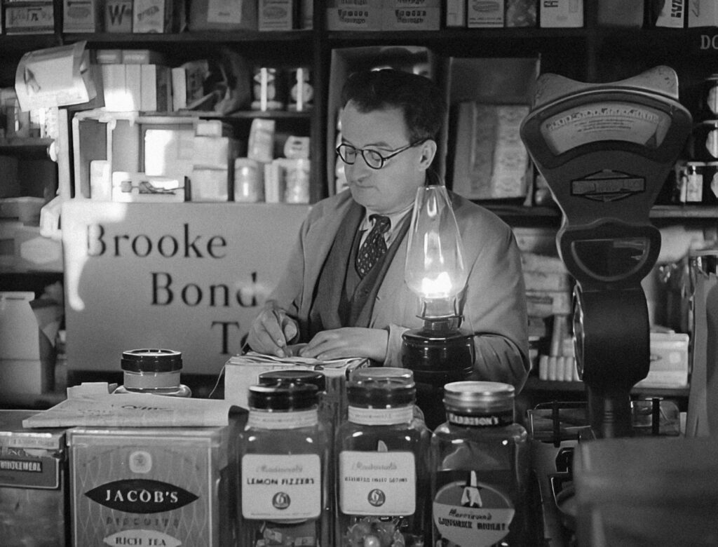 a man sitting at a counter in a store